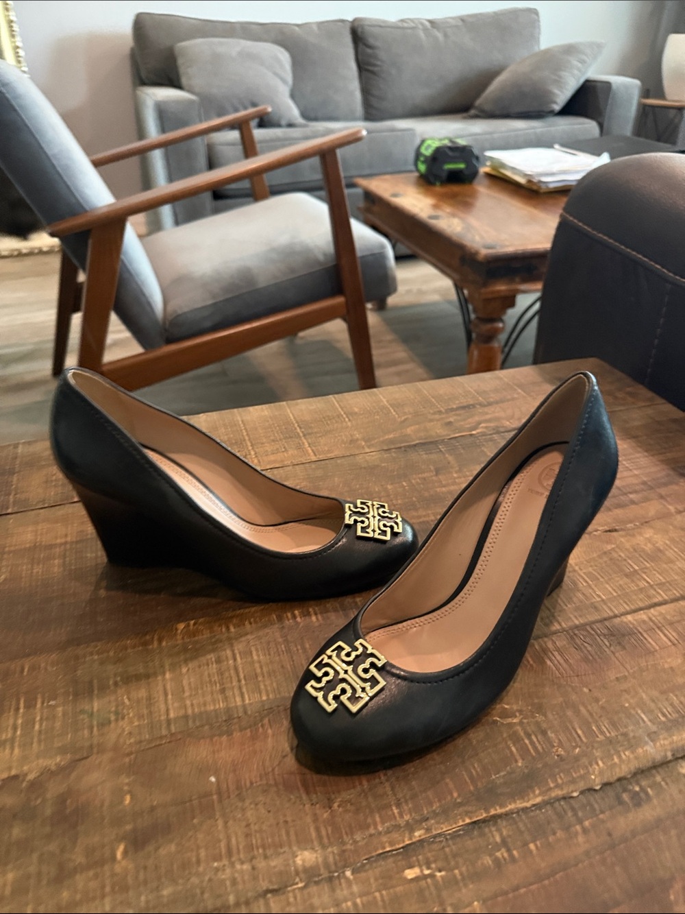 Tory Burch Black Leather Wedge Pumps with Gold Logo Emblem